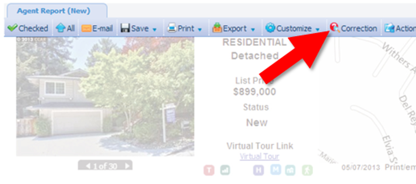 Correction Button found at top of detail report on MLS listing