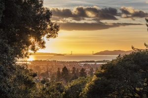 Panorama Golden Glow Sunset of San Francisco Bay looking over Ea