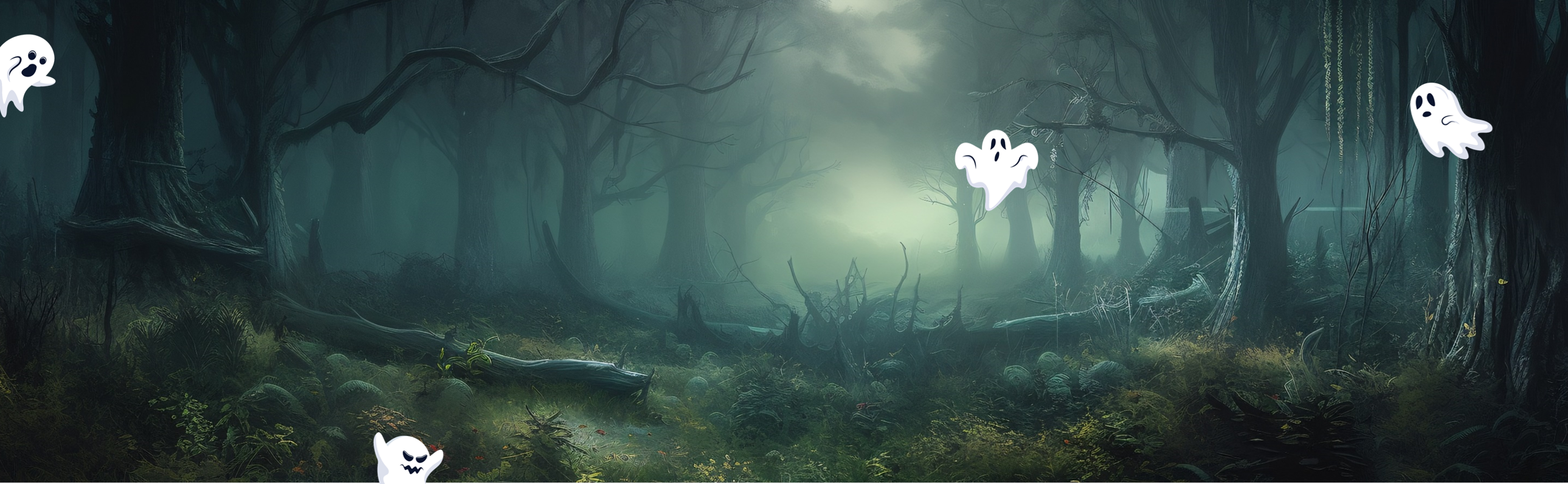 spooky forest with cartoon ghosts