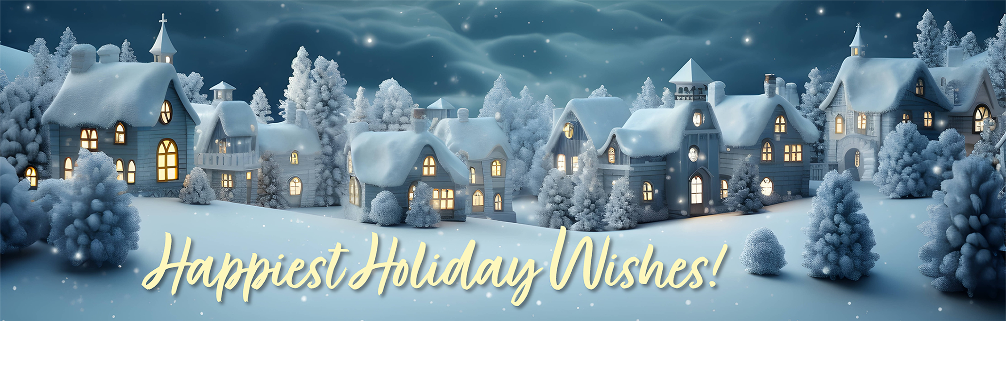 snowy village scene "Happiest Holiday Wishes"