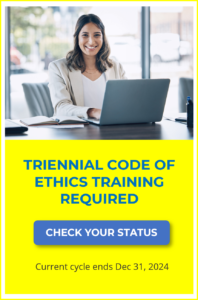 photo of woman w/ laptop smiling; code of ethics training ad