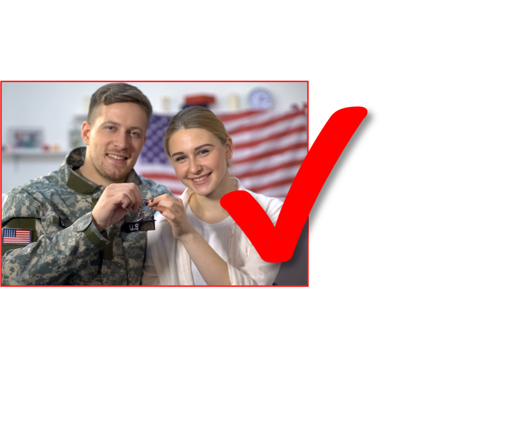 Military couple with house key and red check mark