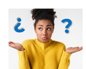 Woman looking confused with question marks suspended in air