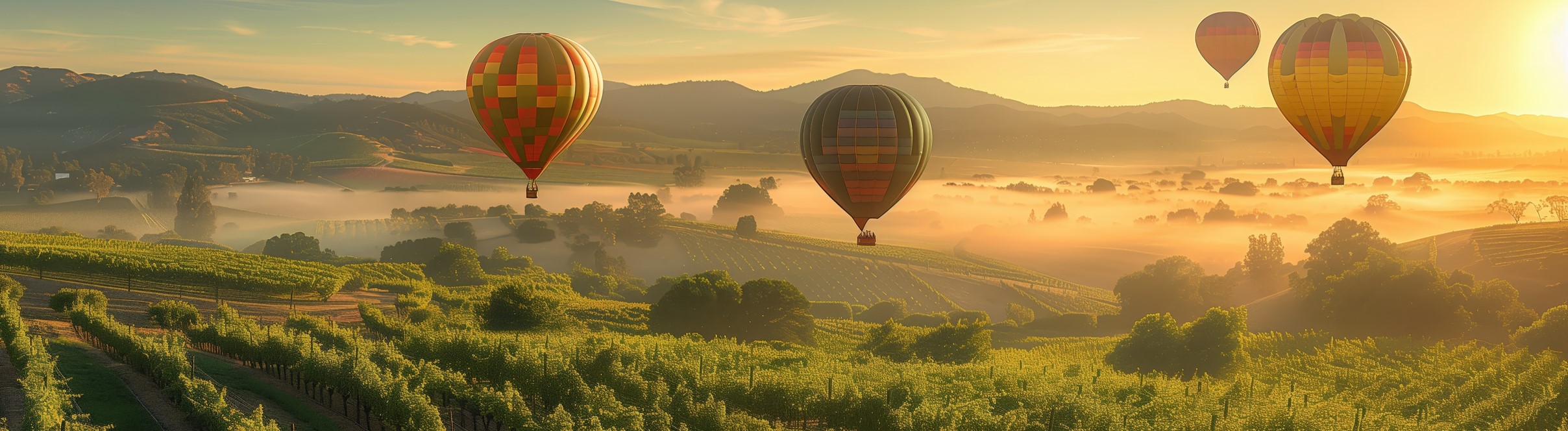 Hot air balloons over misty vinyards