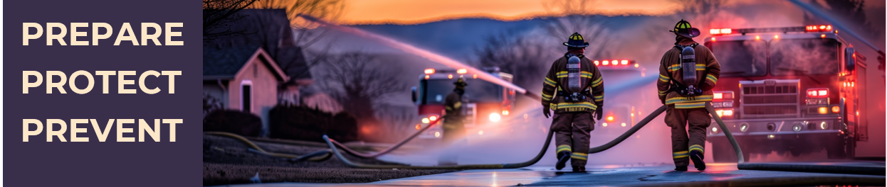 Firemen with hoses in neighborhood