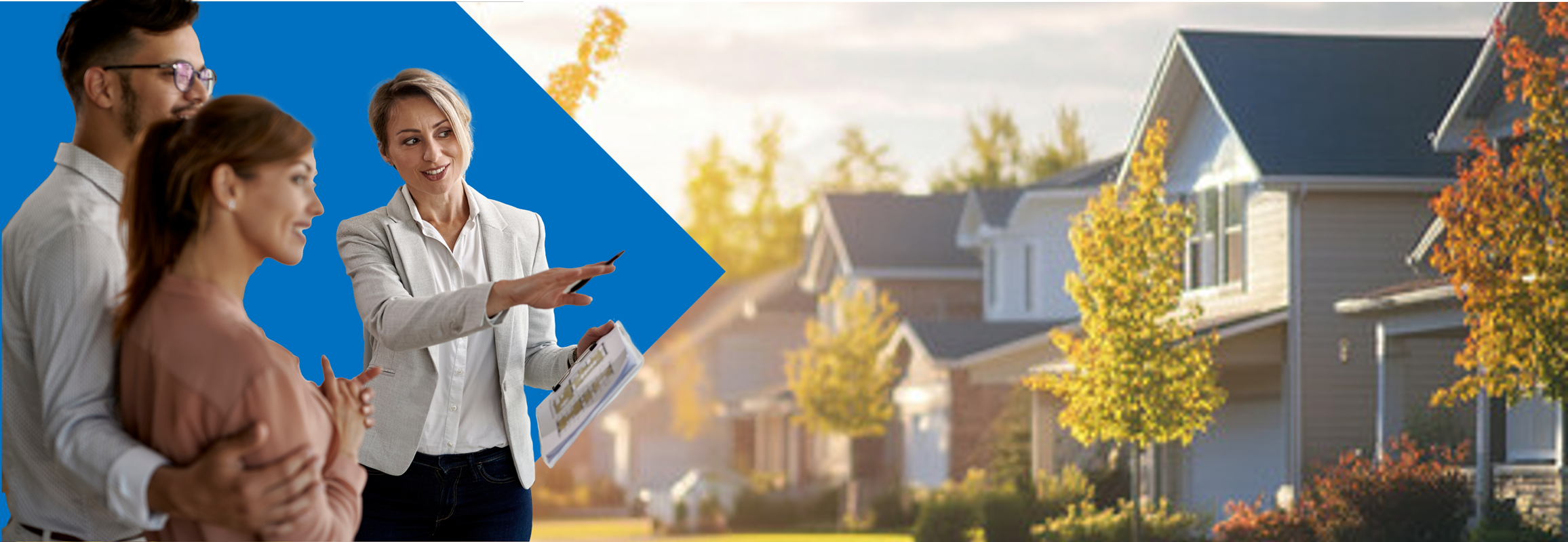 Realtor with clients pointing to neighborhood