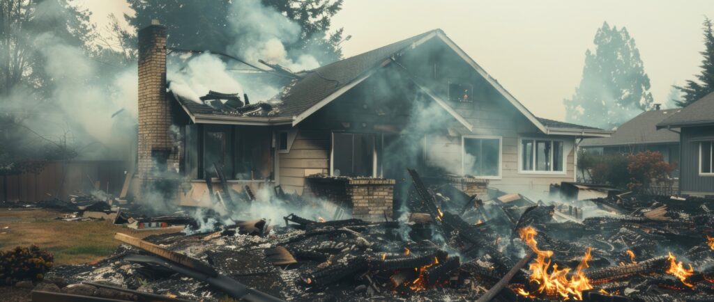 Burned house with smoldering objects