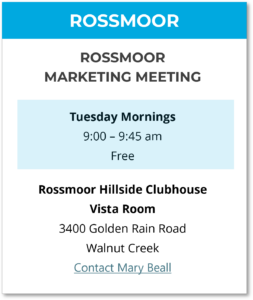 Rossmoor marketing meeting ad + link to contact