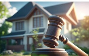 House with gavel on lawn (representing real estate law)